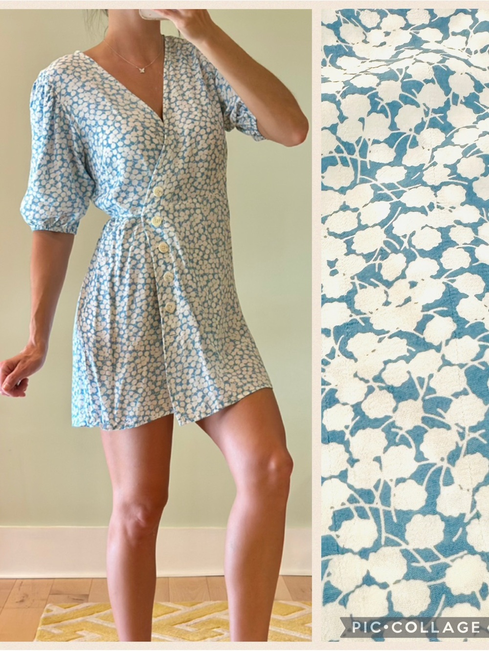 Faithfull the Brand Blue and White Floral V-Neck Button Front Mini Dress